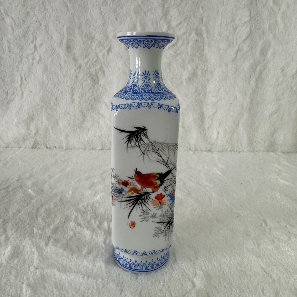 Vintage Chinese Eggshell Porcelain square Vase Hand-Painted Bird Bamboo Design